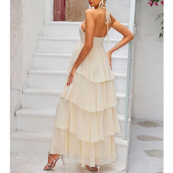 Maternity Halter Neck Tie Layered Chiffon maxi Dress - Picture 3 of 4